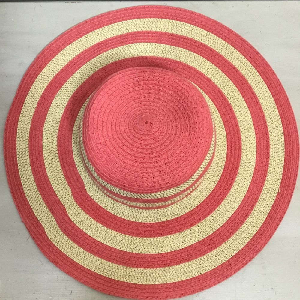 Coral with cream and gold striped floppy wide brim floppy hat summer beach boho - Picture 5 of 6